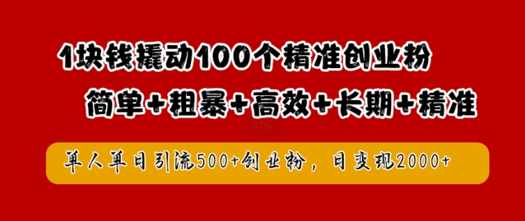 1块钱撬动100个精准创业粉，简单粗暴高效长期精准，单人单日引流500+创业粉，日变现2k【揭秘】-搞钱利器