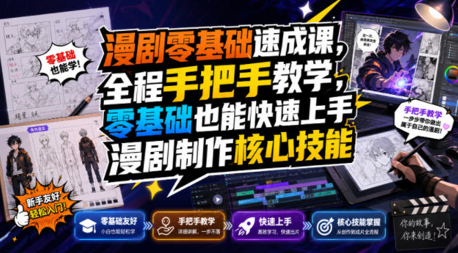 漫剧零基础速成课，全程手把手教学，零基础也能快速上手漫剧制作核心技能-搞钱利器