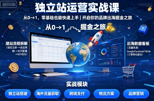 独立站运营实战课，​从0到1，零基础也能快速上手，开启你的品牌出海掘金之旅-搞钱利器
