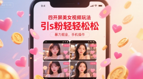 四开屏美女视频玩法，引s粉轻轻松松，暴力掘金，手机操作【揭秘】-搞钱利器