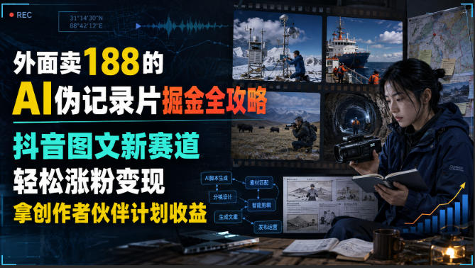 外面卖188的AI伪记录片掘金全攻略，抖音图文新赛道，轻松涨粉变现，拿创作者伙伴计划收益【文档】-搞钱利器