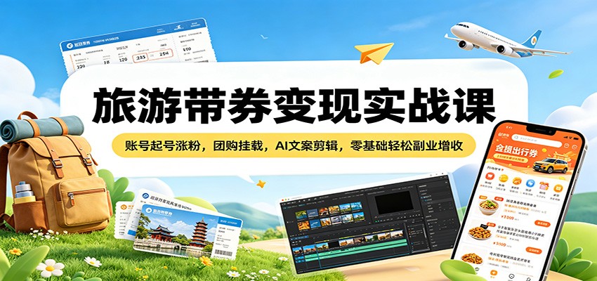 旅游带券变现实战课：账号起号涨粉，团购挂载，AI文案剪辑，零基础轻松副业增收-搞钱利器