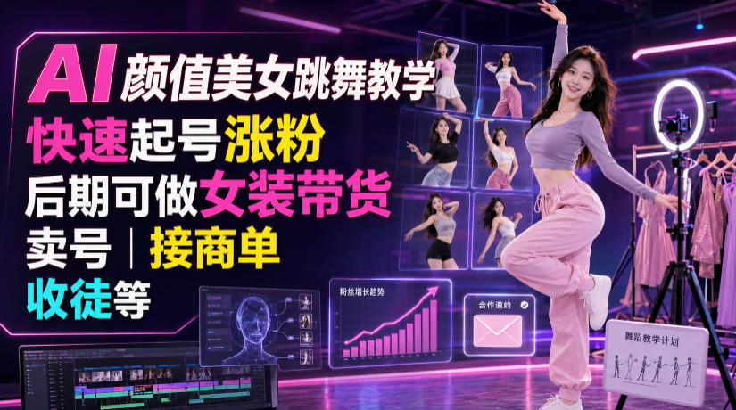 AI颜值美女跳舞教学，快速起号涨粉，后期可做女装带货，卖号，接商单，收徒等-搞钱利器