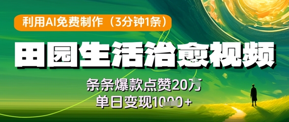 利用AI免费制作田园生活治愈视频，条条爆款点赞20W，单日变现几张-搞钱利器