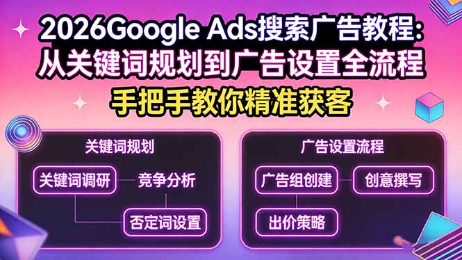 2026Google Ads搜索广告教程:从关键词规划到广告设置全流程,手把手教你精准获客-搞钱利器