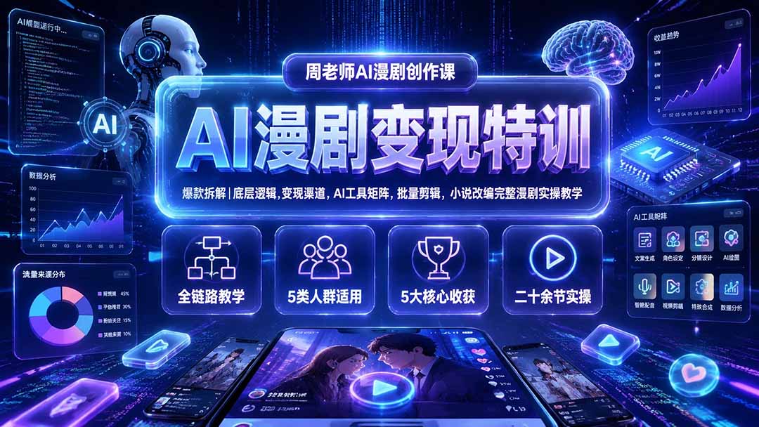 AI漫剧变现特训★爆款拆解｜底层逻辑，变现渠道，AI工具矩阵，批量剪辑，小说改编完整漫剧实操教学-搞钱利器