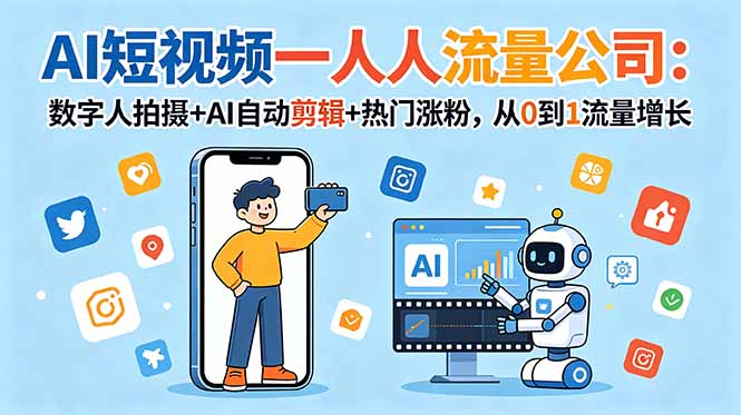 AI短视频一人流量公司：数字人拍摄+AI自动剪辑+热门涨粉，从0到1流量增长-搞钱利器