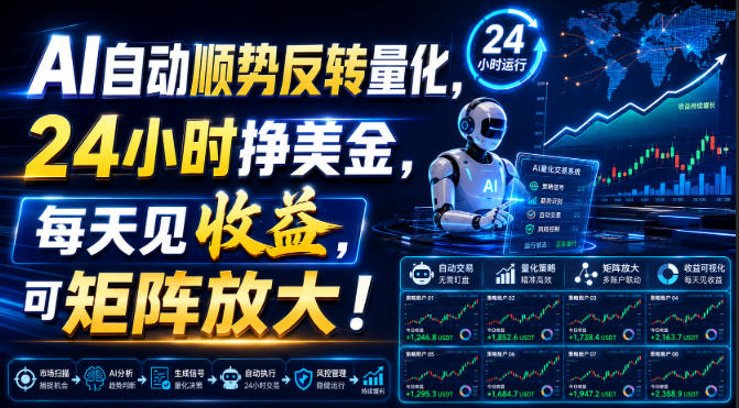 AI自动顺势反转量化，24小时挣美金，每天见收益，可矩阵放大！【揭秘】-搞钱利器