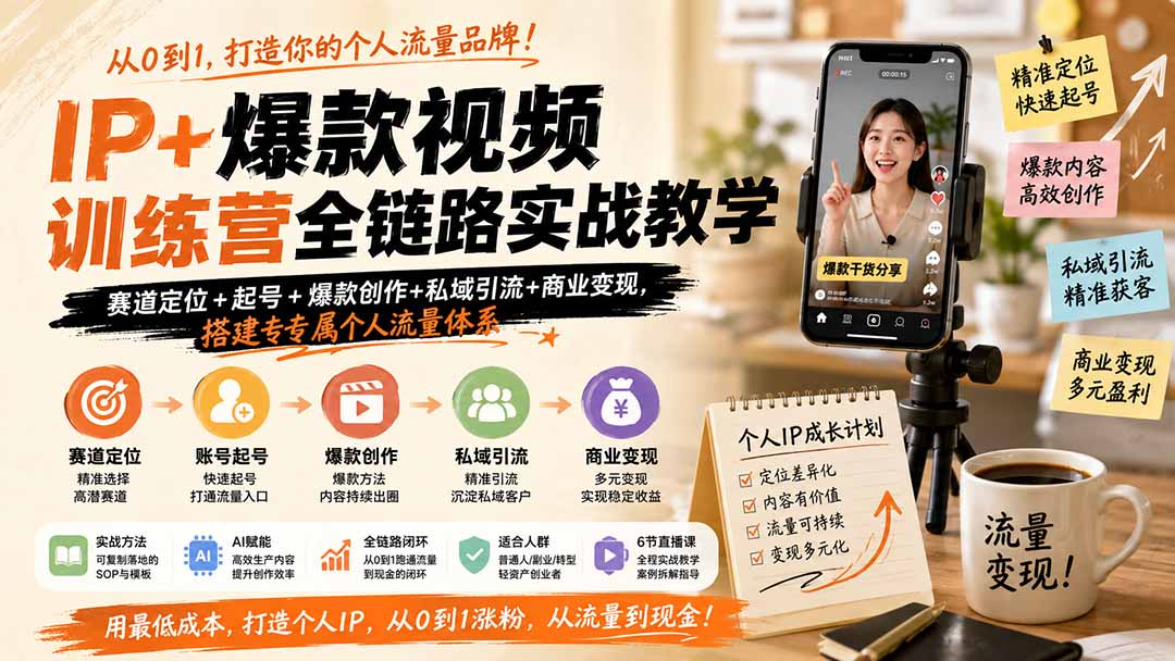IP+爆款视频训练营全链路实战教学；赛道定位+起号+爆款创作+私域引流+商业变现，搭建专属个人流量体系-搞钱利器