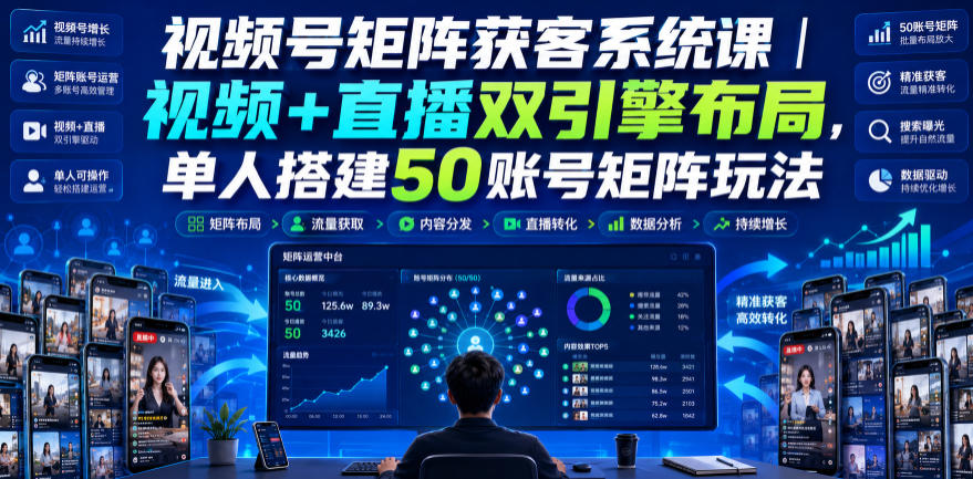 视频号矩阵获客系统课｜视频+直播双引擎布局，单人搭建50账号矩阵玩法，流量入池、搜索占位、全域引流沉淀私域全流程教学-搞钱利器