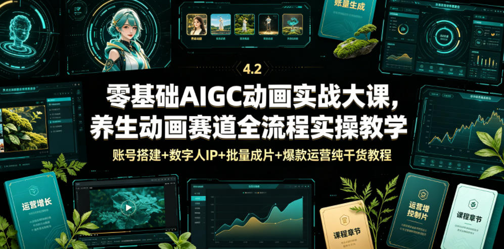 零基础AIGC动画实战大课，养生动画赛道全流程实操教学，账号搭建+数字人IP+批量成片+爆款运营纯干货教程-搞钱利器