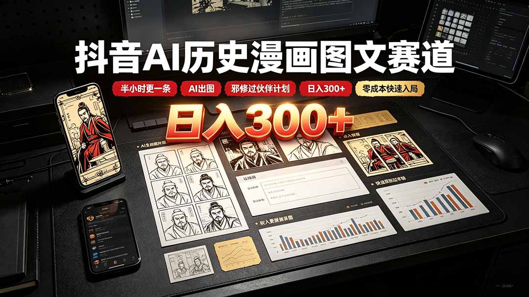 抖音AI历史漫画图文赛道:半小时更一条×AI出图×邪修过伙伴计划×日入300+,零成本快速入局-搞钱利器