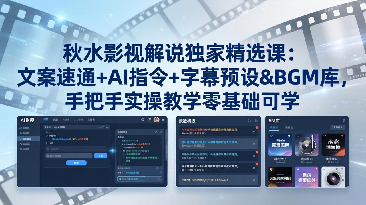 秋水影视解说独家精选课：文案速通+AI指令+字幕预设+BGM库，手把手实操教学零基础可学-搞钱利器