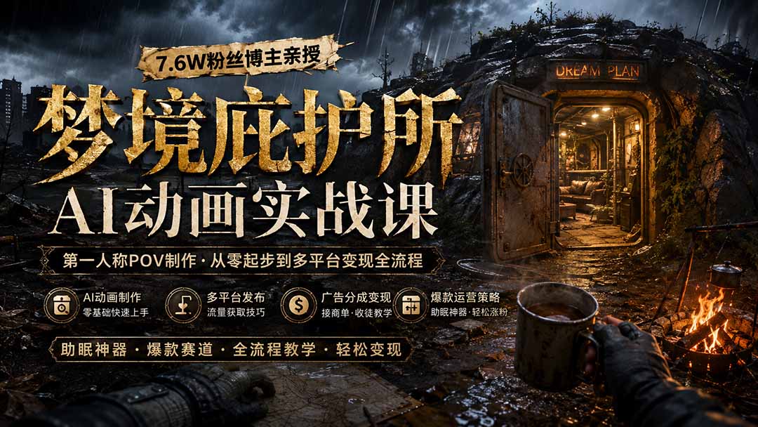 梦境庇护所AI动画实战课：7.6W粉丝博主亲授第一人称POV制作，从零起步到多平台发布变现全流程-搞钱利器