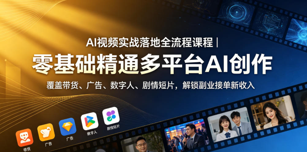 AI视频实战落地全流程课程|零基础精通多平台AI创作,覆盖带货、广告、数字人、剧情短片,解锁副业接单新收入-搞钱利器