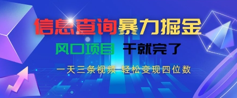 信息查询暴力掘金，一天三条视频，轻松变现四位数，风口项目干就完了【揭秘】-搞钱利器