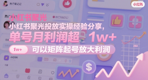 小红书聚光投放实操经验分享，单号月利润超1w+，可以矩阵起号放大利润-搞钱利器