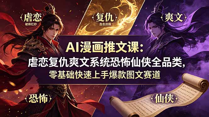 AI漫画推文课：虐恋复仇爽文系统恐怖仙侠全品类，零基础快速上手爆款图文赛道-搞钱利器