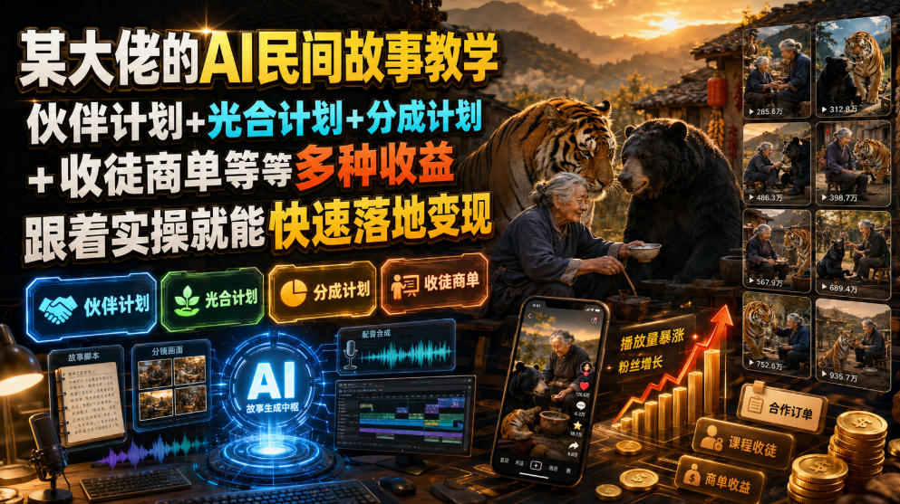 某大佬的AI民间故事教学，伙伴计划+光合计划+分成计划+收徒商单等多种收益，跟着实操就能快速落地变现-搞钱利器