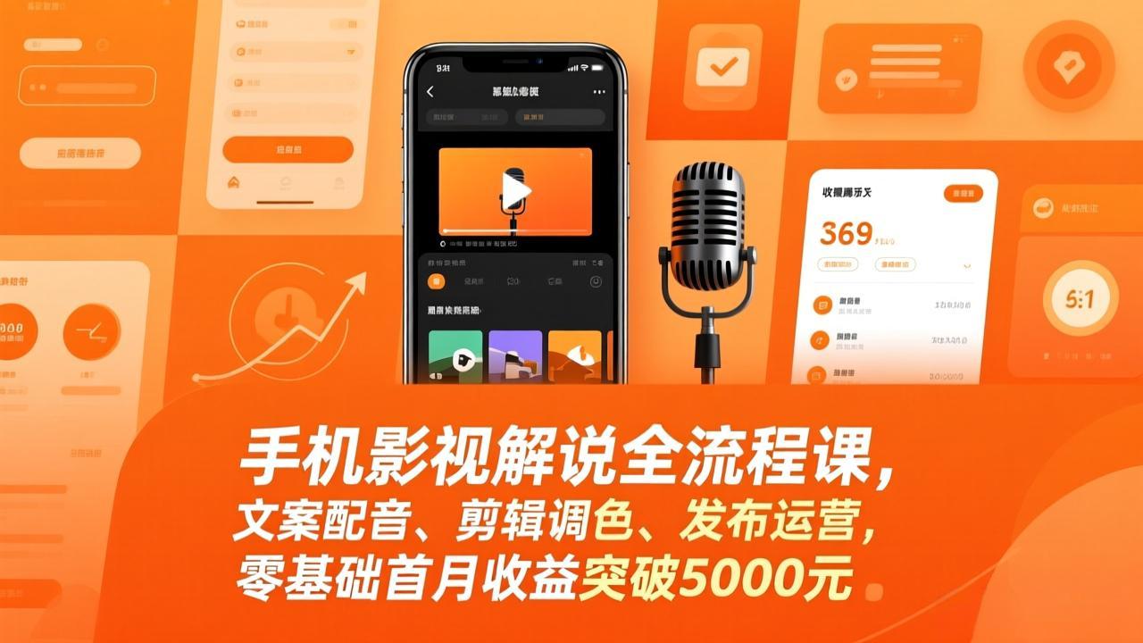 手机影视解说全流程课,文案配音、剪辑调色、发布运营,零基础首月收益突破5000元-搞钱利器