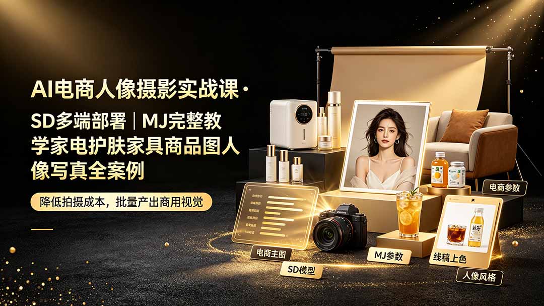AI电商人像摄影实战课·SD多端部署｜MJ完整教学｜家电护肤家具商品图人像写真全案例-搞钱利器