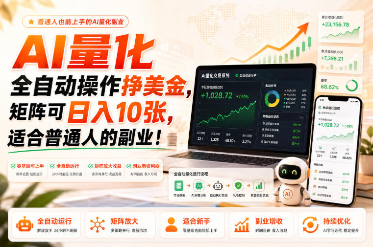 AI量化全自动操作挣美金，矩阵可日入10张，适合普通人的副业！【揭秘】-搞钱利器