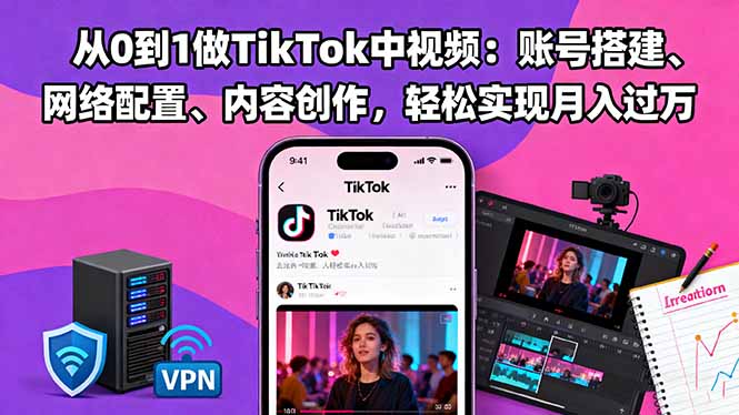 从0到1做TikTok中视频:账号搭建、网络配置、内容创作,轻松实现月入过万-搞钱利器
