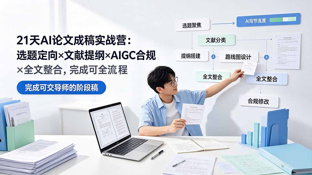 21天AI论文成稿实战营：选题定向×文献提纲×AIGC合规×全文整合，完成可交导师的阶段稿-搞钱利器