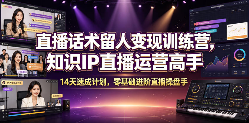 直播话术留人变现训练营，知识IP直播运营高手，14天速成计划，零基础进阶直播操盘手-搞钱利器