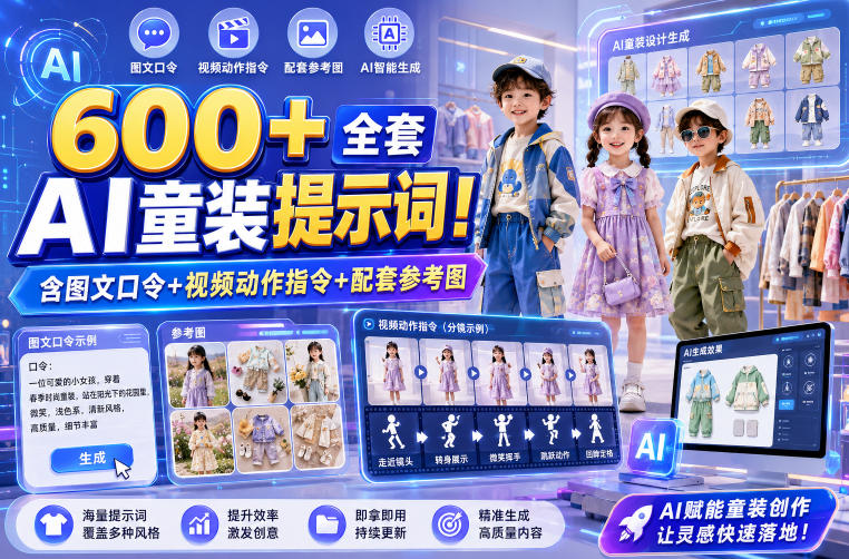 600+全套AI童装提示词！含图文口令+视频动作指令+配套参考图，Word-Excel规整分类，童装电商、种草无脑量产内容！-搞钱利器