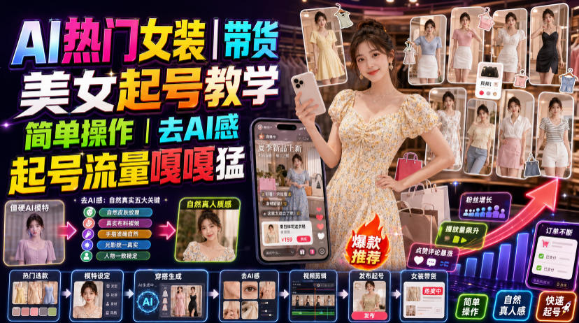 AI热门女装带货丨美女起号教学，简单操作，去AI感，起号流量嘎嘎猛-搞钱利器