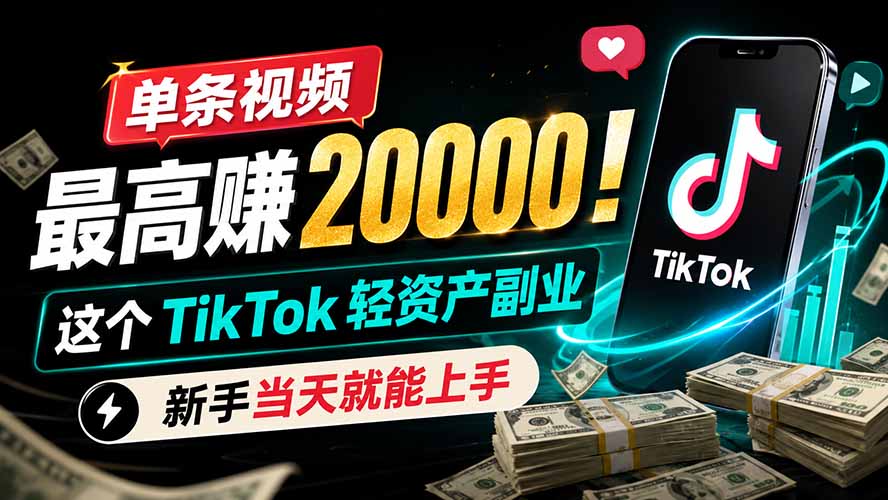 单条视频最高赚 20000!这个 TikTok 轻资产副业,新手当天就能上手-搞钱利器