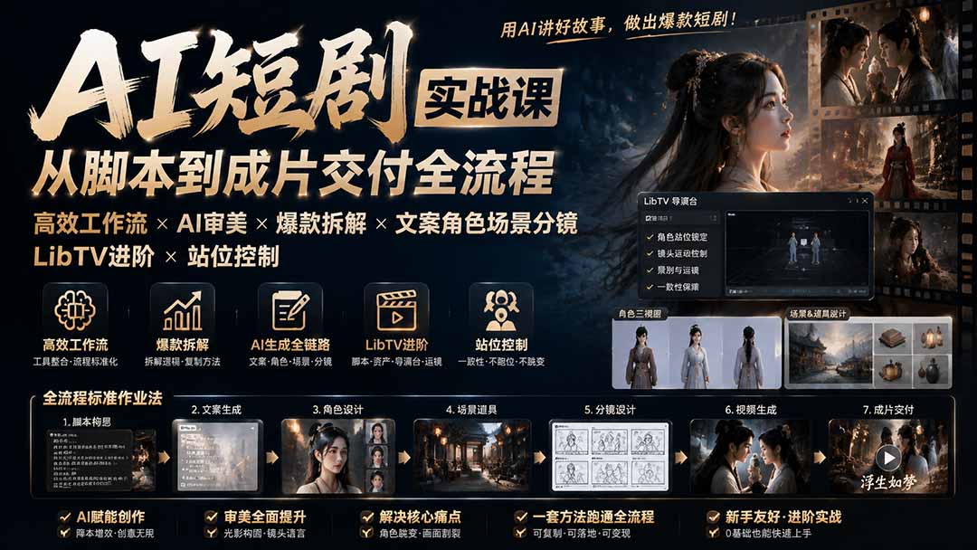 AI短剧实战课：高效工作流×AI审美×爆款拆解×文案角色场景分镜×LibTV进阶×站位控制×从脚本到成片交付全流程-搞钱利器
