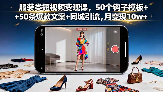 服装类短视频变现课，50个钩子模板+50条爆款文案+同城引流，月变现10w+-搞钱利器