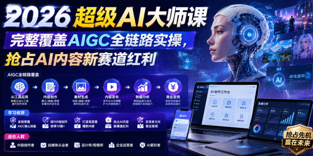2026超级AI大师课，完整覆盖AIGC全链路实操，抢占AI内容新赛道红利-搞钱利器
