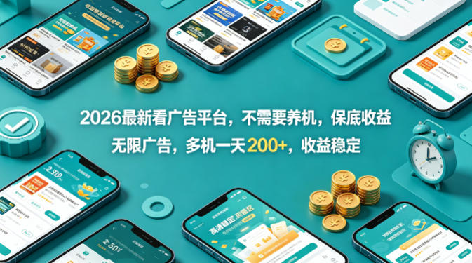 2026最新看广告平台，不需要养机，保底收益，无限广告，多机一天200+，收益稳定【揭秘】-搞钱利器