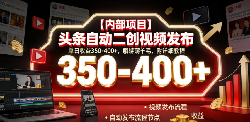 【内部项目】头条自动二创视频发布，单日收益350-400+，躺賺薅羊毛，附详细教程【揭秘】-搞钱利器