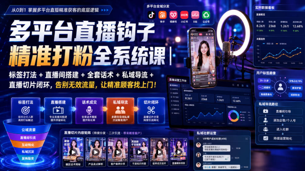 多平台直播钩子精准打粉全系统课｜标签打法+直播间搭建+全套话术+私域导流+直播切片闭环，告别无效流量，让精准顾客找上门！-搞钱利器