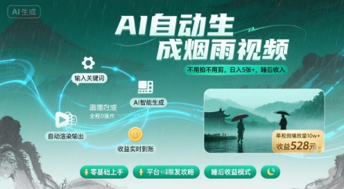 不用拍不用剪！AI自动生成烟雨视频，日入5张+，睡后收入-搞钱利器