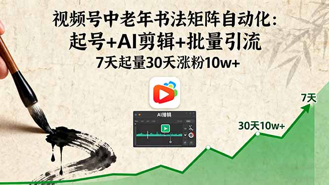 视频号中老年书法矩阵自动化：起号+AI剪辑+批量引流 7天起量30天涨粉10w+-搞钱利器