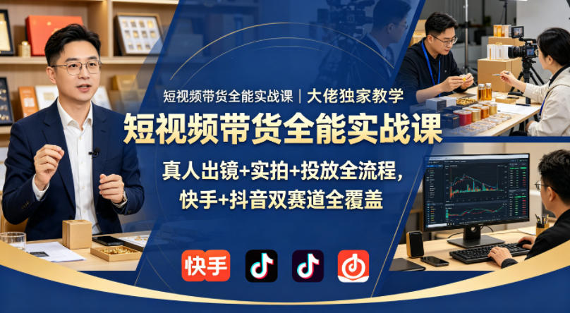 短视频带货全能实战课｜大佬独家教学，真人出镜+实拍+投放全流程，快手+抖音双赛道全覆盖-搞钱利器