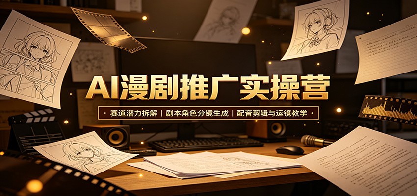 AI漫剧推广实操营：赛道潜力拆解，剧本角色分镜生成，配音剪辑与运镜教学-搞钱利器