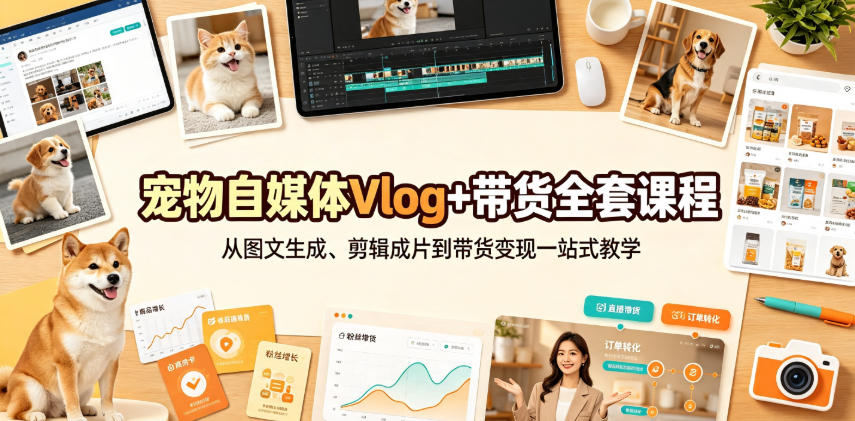 宠物自媒体Vlog+带货全套课程｜从图文生成、剪辑成片到带货变现一站式教学-搞钱利器