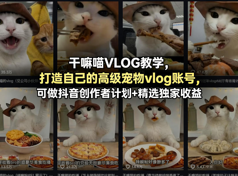 干嘛喵VLOG教学，打造自己的高级宠物vlog账号，可做抖音创作者计划+精选独家收益-搞钱利器