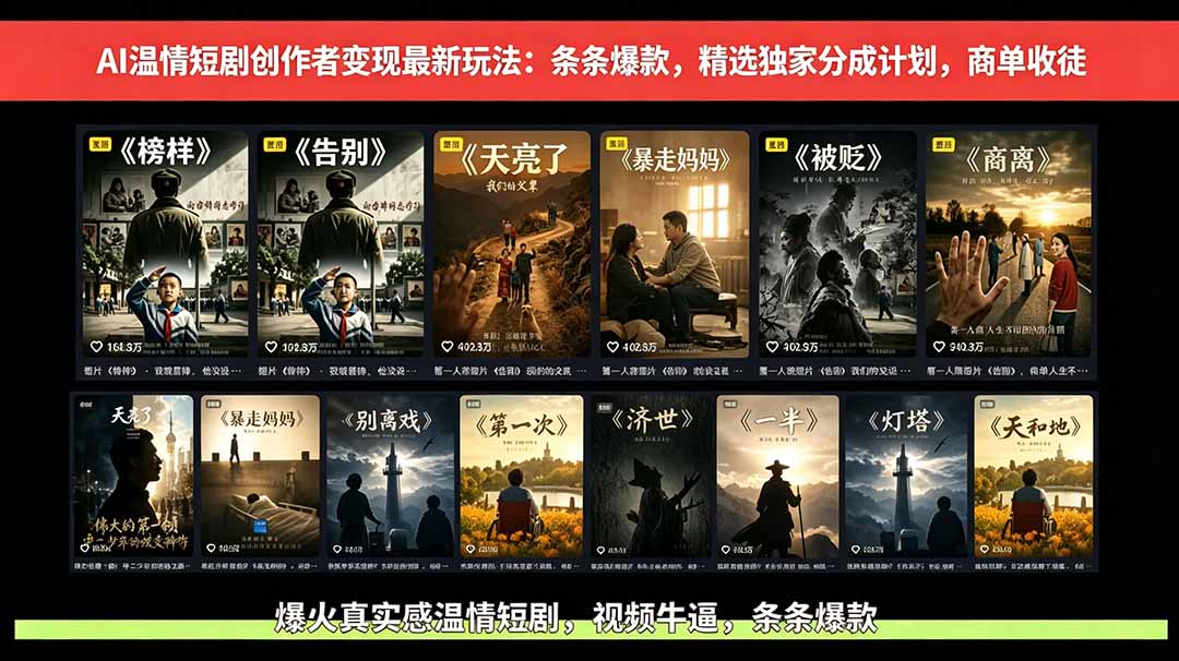 AI温情短剧创作者变现最新玩法：视频牛逼，条条爆款，精选独家分成计划，商单收徒-搞钱利器