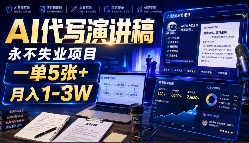 AI代写演讲稿，永不失业项目，一单5张+，月入1-3W【揭秘】-搞钱利器