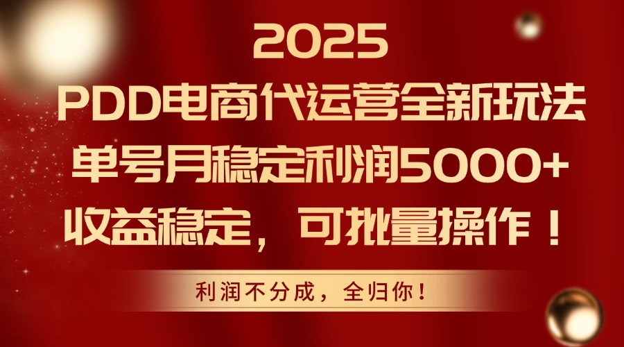 2025PDD电商代运营全新玩法，单号月稳定利润5000+，收益稳定，可批量操作-搞钱利器