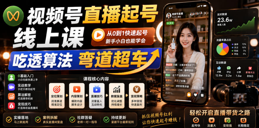 视频号直播起号线上课，吃透算法弯道超车(2026年6月)-搞钱利器