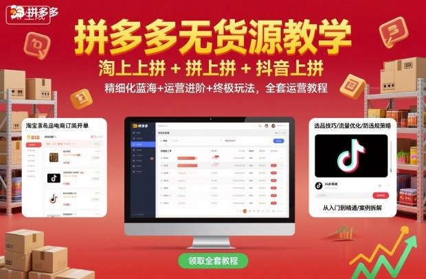 拼多多无货源教学，淘上拼+拼上拼+抖上拼，精细化蓝海+运营进阶+终极玩法，全套运营教程-搞钱利器
