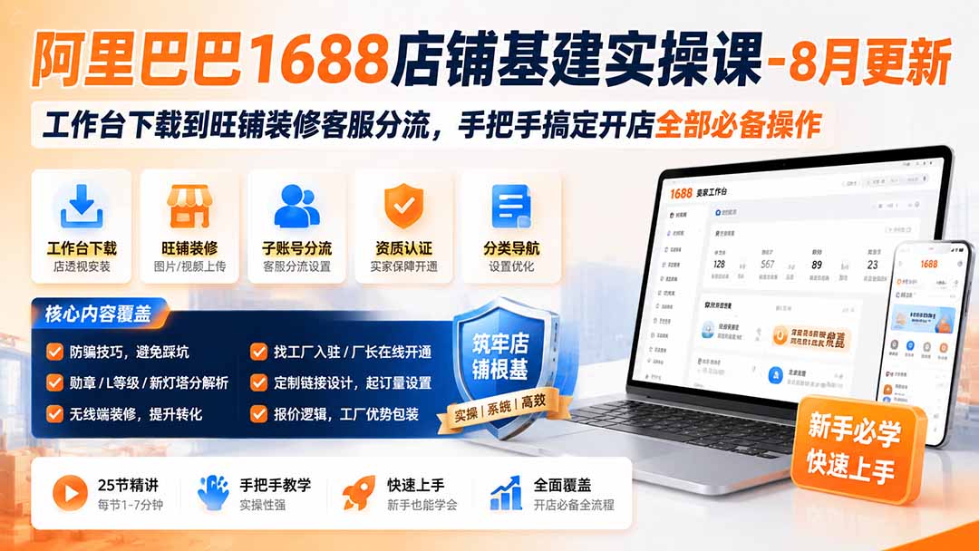 阿里巴巴1688店铺基建实操课-8月更新；工作台下载到旺铺装修客服分流，手把手搞定开店全部必备操作-搞钱利器